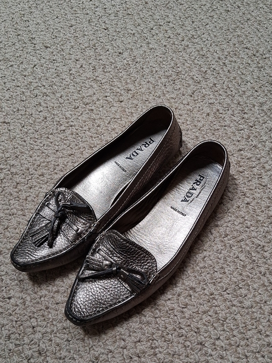 Prada Shoes - Prada Metallic Pewter Leather Tassel Loafers - Women's